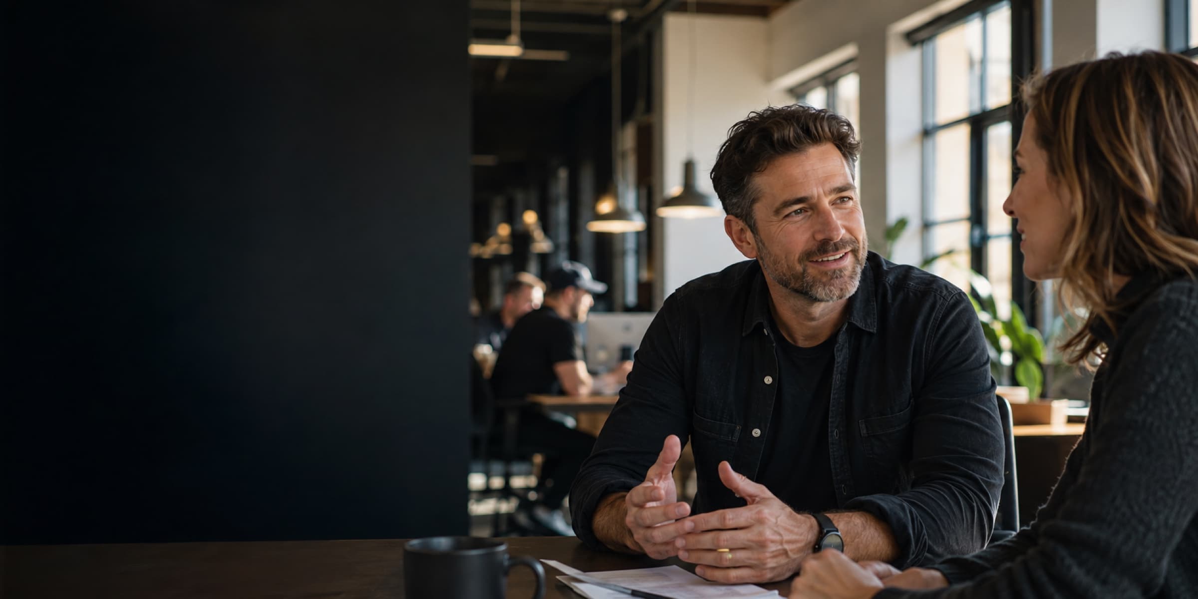 A small-business leader having an energized conversation with a colleague